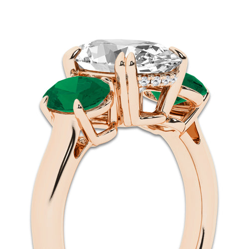 2 7/8 ctw Oval Lab Grown Diamond and Oval Cut Emerald Three-Stone Hidden Halo Engagement Ring 14K Rose Gold, E, VS1 | 2 ct Center