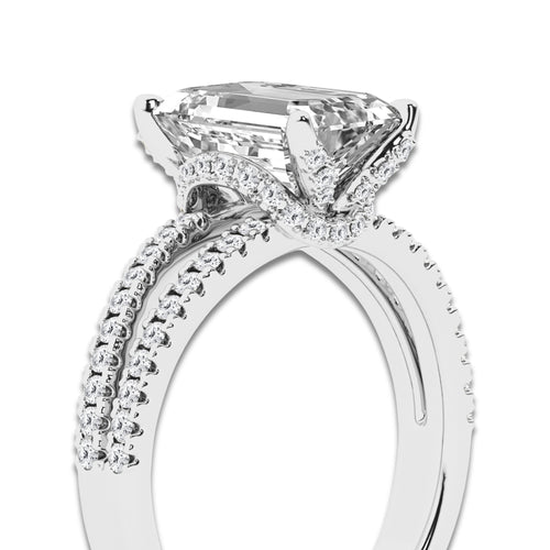4 2/5 ctw Emerald Lab Grown Diamond Split Shank Draped Hidden Halo Engagement Ring Platinum, E, VS1 | 4 ct Center