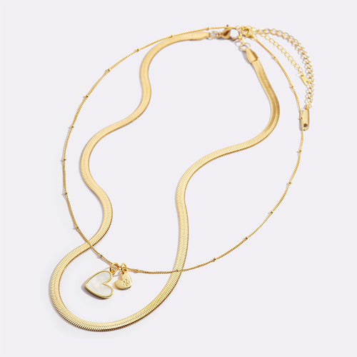 Mother Of Pearl Initial Heart & Herringbone Necklace Set