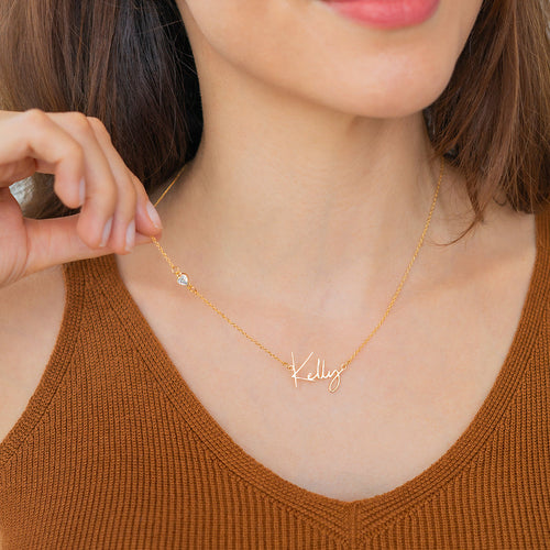 Modern Name Necklace with Heart Diamond Accent