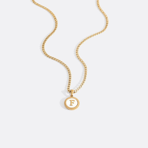 Mother of Pearl Disc Letter Necklace with Cuban Chain