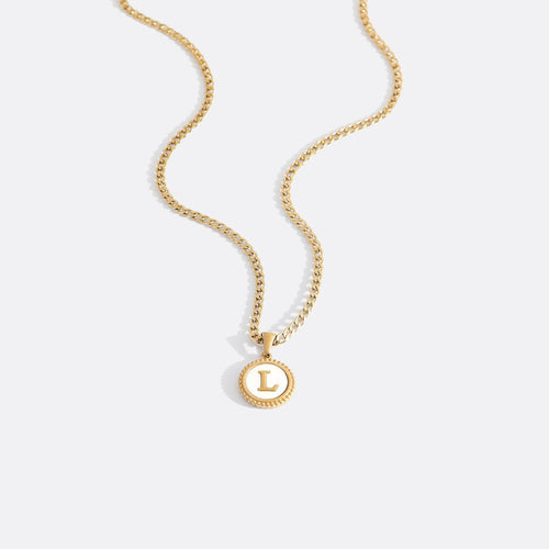 Mother of Pearl Disc Letter Necklace with Cuban Chain