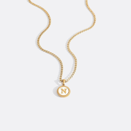 Mother of Pearl Disc Letter Necklace with Cuban Chain