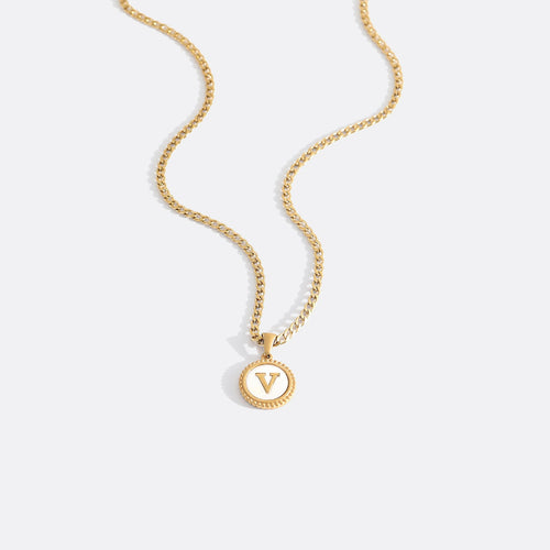 Mother of Pearl Disc Letter Necklace with Cuban Chain