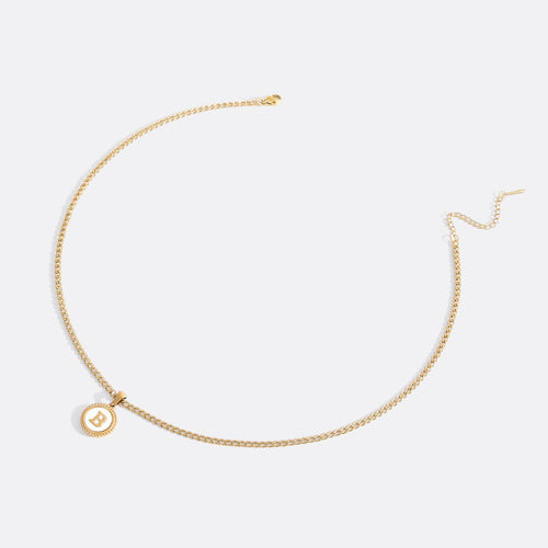 Mother of Pearl Disc Letter Necklace with Cuban Chain