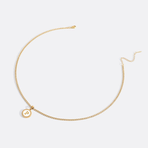 Mother of Pearl Disc Letter Necklace with Cuban Chain