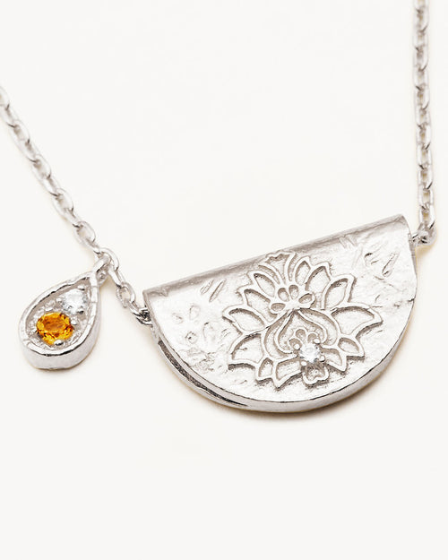 White Gold Vermeil Lotus Birthstone Necklace - November - Citrine