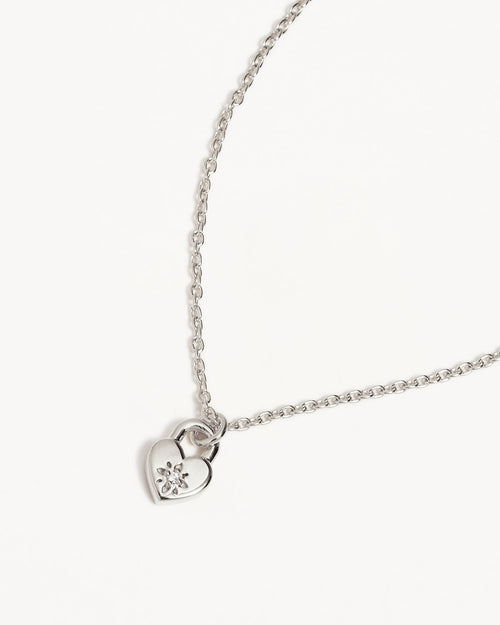 White Gold Vermeil Crystal Lotus Heart Padlock Necklace