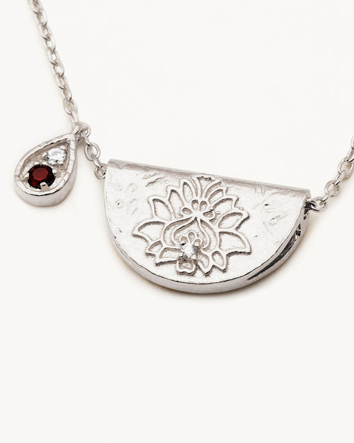 White Gold Vermeil Lotus Birthstone Necklace - January - Garnet