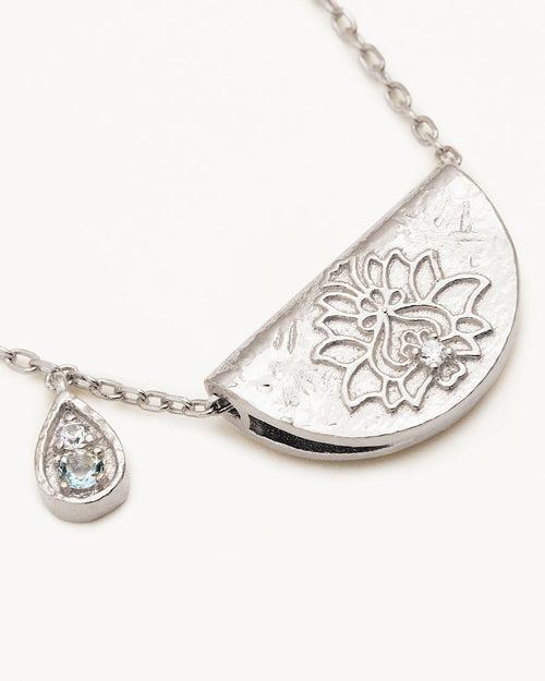 White Gold Vermeil Lotus Birthstone Necklace - March - Aquamarine