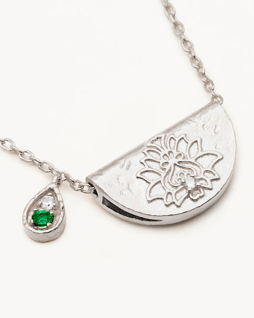 White Gold Vermeil Lotus Birthstone Necklace - May - Emerald
