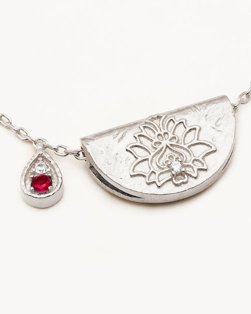 White Gold Vermeil Lotus Birthstone Necklace - July - Ruby