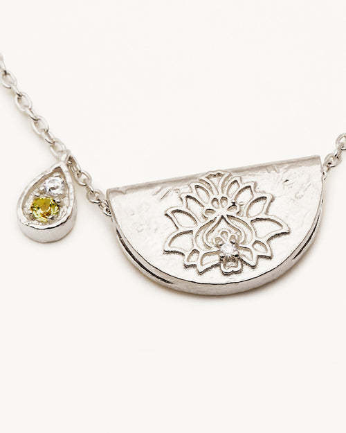White Gold Vermeil Lotus Birthstone Necklace - August - Peridot