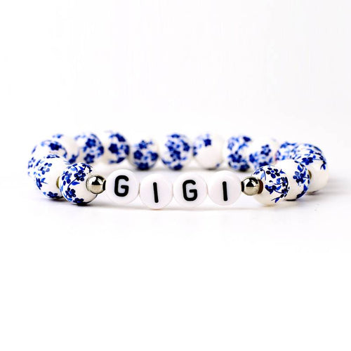 Custom Name Blue Porcelain Floral Beaded Bracelet
