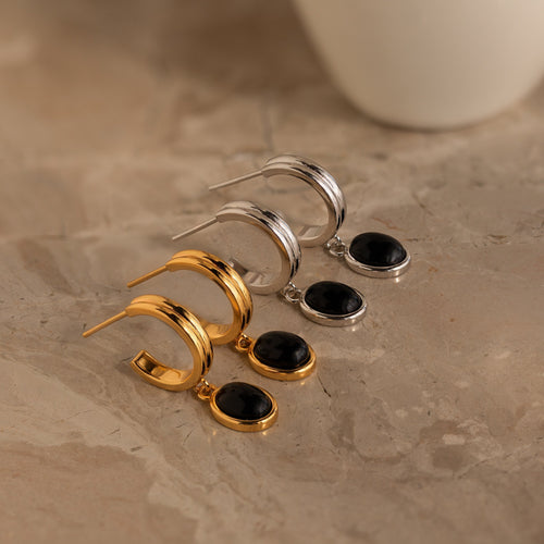 Black Gemstone Drop Hoop Earrings
