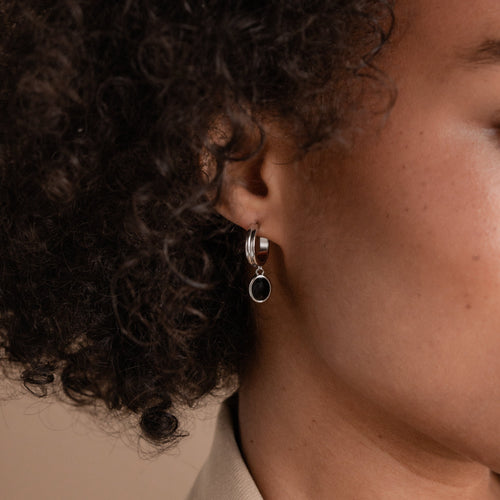 Black Gemstone Drop Hoop Earrings