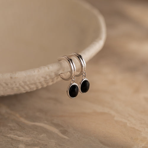 Black Gemstone Drop Hoop Earrings
