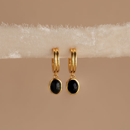 Black Gemstone Drop Hoop Earrings