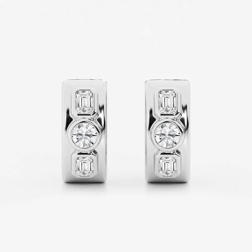 Round and Emerald Lab Grown Diamond Three Stone Huggie Hoop Earrings