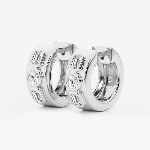 Round and Emerald Lab Grown Diamond Three Stone Huggie Hoop Earrings