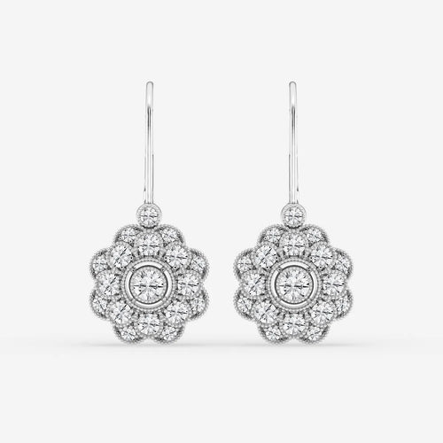 Round Lab Grown Diamond Vintage Floral Milgrain Earrings