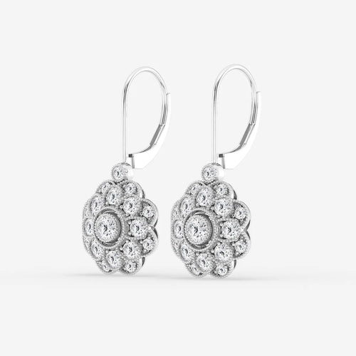 Round Lab Grown Diamond Vintage Floral Milgrain Earrings