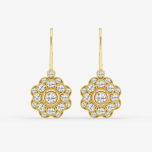 Round Lab Grown Diamond Vintage Floral Milgrain Earrings
