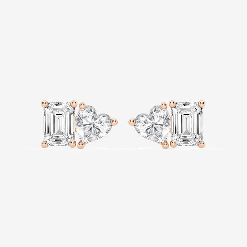 Emerald and Heart Lab Grown Diamond Two Stone Stud Earrings
