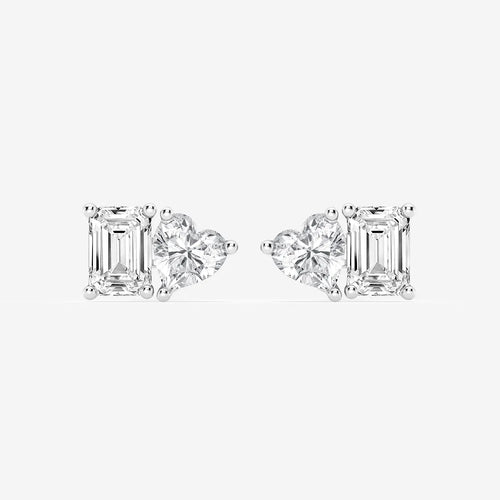 Emerald and Heart Lab Grown Diamond Two Stone Stud Earrings