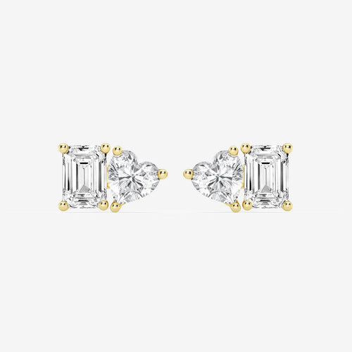 Emerald and Heart Lab Grown Diamond Two Stone Stud Earrings
