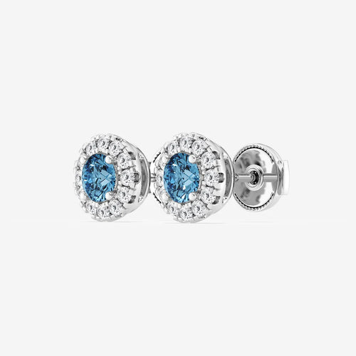 Round Lab Grown Diamond Fancy Blue Halo Stud Earrings