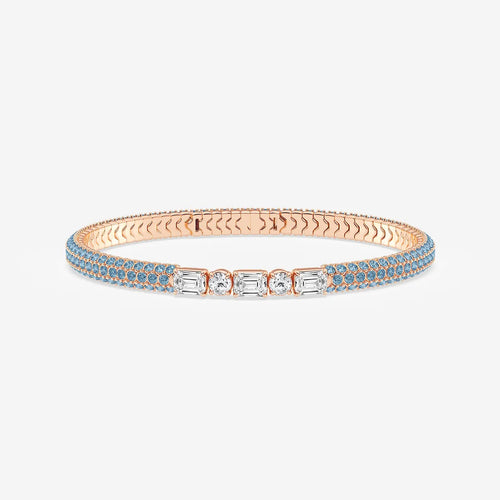 Emerald & Round Lab Grown Diamond Rollover Flexible Bangle Bracelet with 1.8 mm Blue Topaz Side Stones