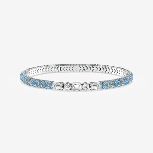 Emerald & Round Lab Grown Diamond Rollover Flexible Bangle Bracelet with 1.8 mm Blue Topaz Side Stones