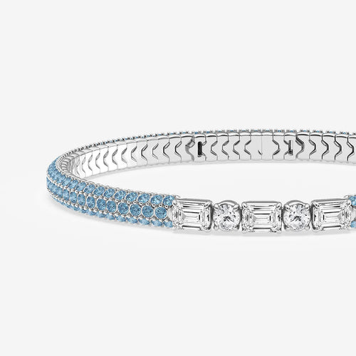 Emerald & Round Lab Grown Diamond Rollover Flexible Bangle Bracelet with 1.8 mm Blue Topaz Side Stones
