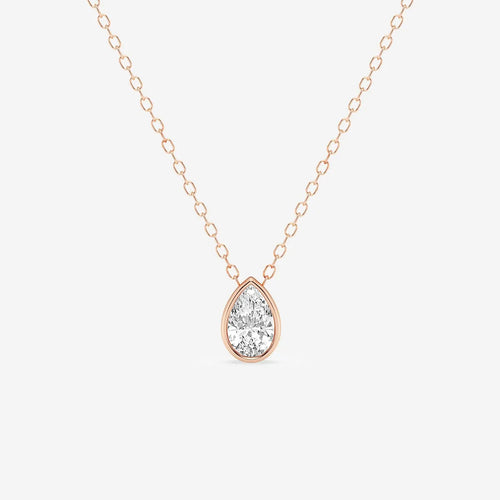 Pear Lab Grown Diamond Bezel Set Solitaire Pendant with Adjustable Chain 14K Rose Gold, E, VS1 | IGI Certified, 2 ct Center