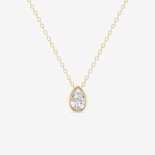Pear Lab Grown Diamond Bezel Set Solitaire Pendant with Adjustable Chain 14K Rose Gold, E, VS1 | IGI Certified, 2 ct Center