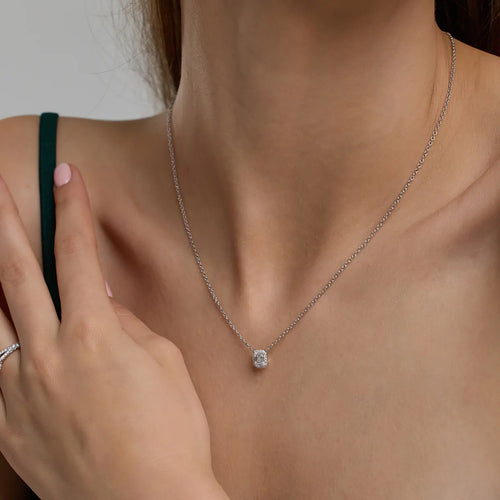 Emerald Lab Grown Diamond Halo Pendant with Adjustable Chain
