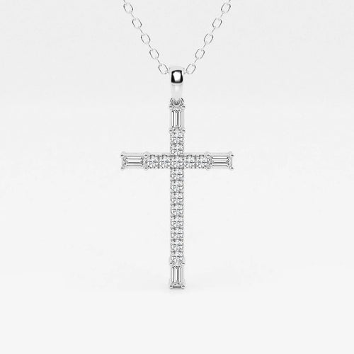 Round and Baguette Lab Grown Diamond French Pave Cross Pendant