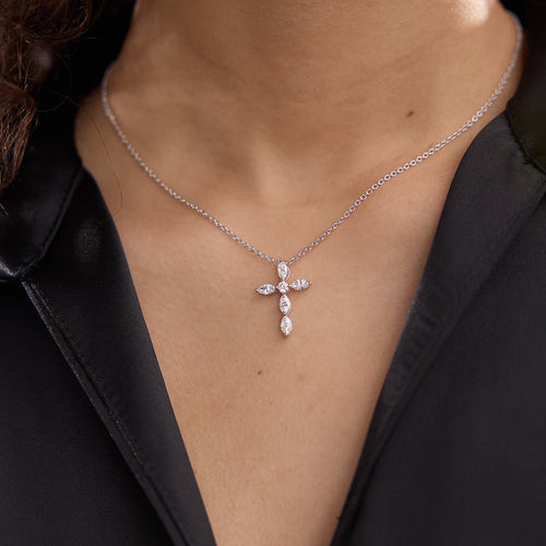 Marquise and Round Lab Grown Diamond Cross Pendant with Adjustable Chain