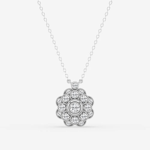 Round Lab Grown Diamond Vintage Floral Milgrain Pendant