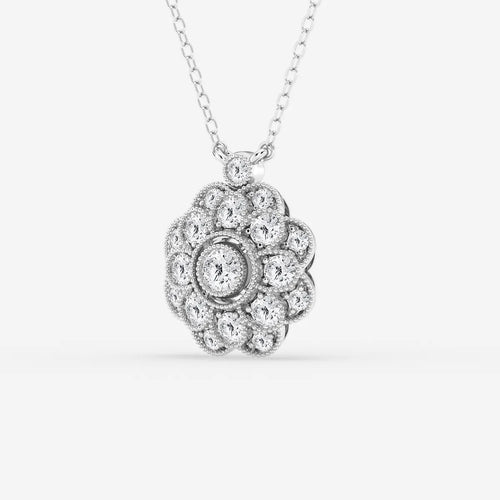 Round Lab Grown Diamond Vintage Floral Milgrain Pendant