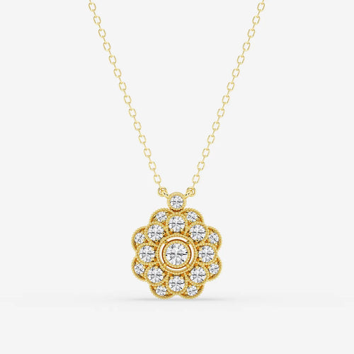 Round Lab Grown Diamond Vintage Floral Milgrain Pendant