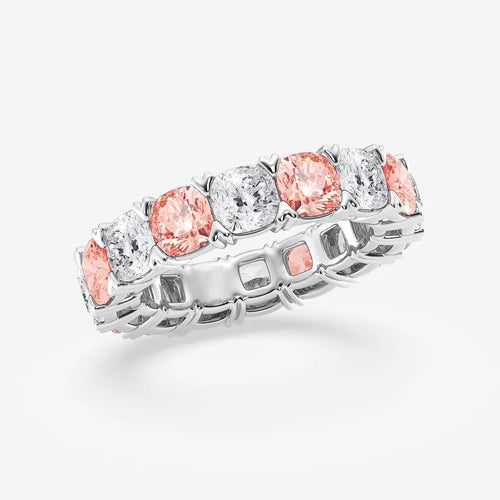 Cushion Lab Grown Diamond with Alternating Fancy Pink V Prong Eternity Band