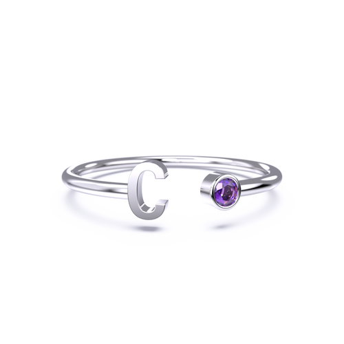 Dainty Birthstone Initial Ring