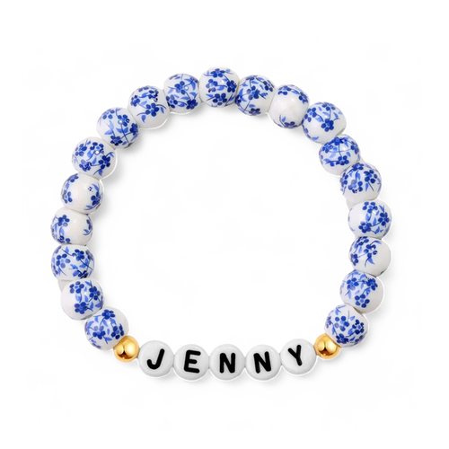 Custom Name Blue Porcelain Floral Beaded Bracelet