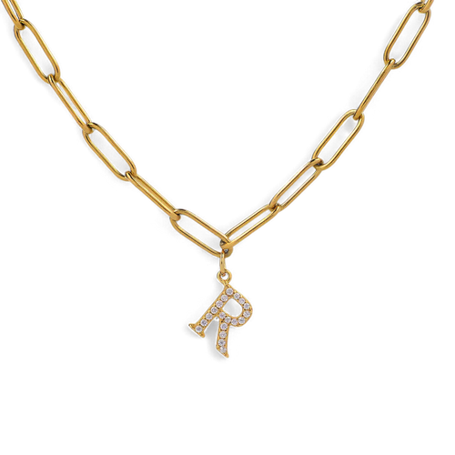 Diamond Letter Pendant Necklace with Paperclip Chain