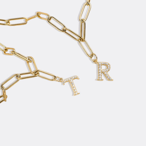 Diamond Letter Pendant Necklace with Paperclip Chain