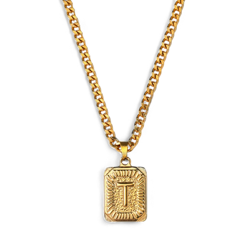Initial Card Pendant Necklace with Curb Chain