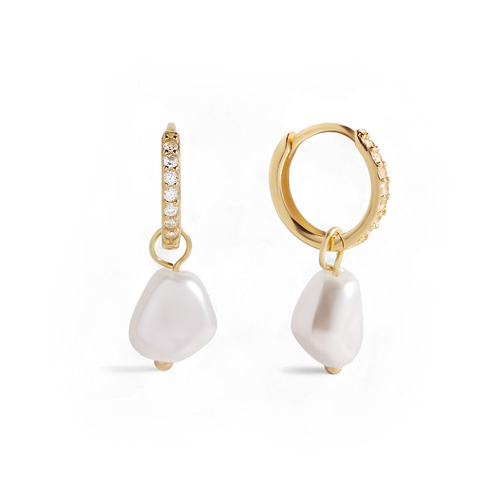 Freshwater Pearl Drop Pave Huggie Earrings