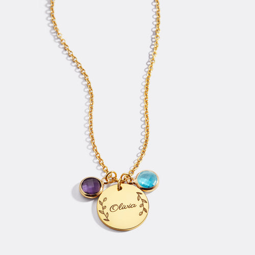 Engraved Birthstone Pendant Necklace with Leaves